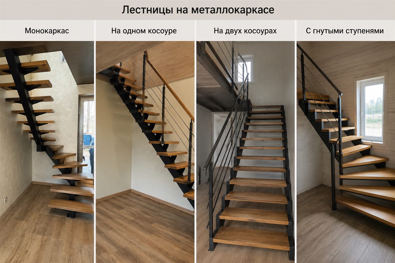 Виды лестниц на металлокаркасе: монокаркас, на одном и двух косоурах, с гнутыми ступенями — работы ОтПроффи в Елабуге